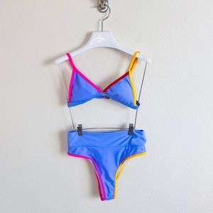 Purple Neon Colorblock High Waist Bikini Set